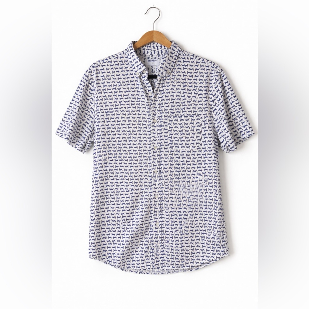 Old Navy Men’s Button Down Shirt Medium Navy White Print Casual Coastal Preppy